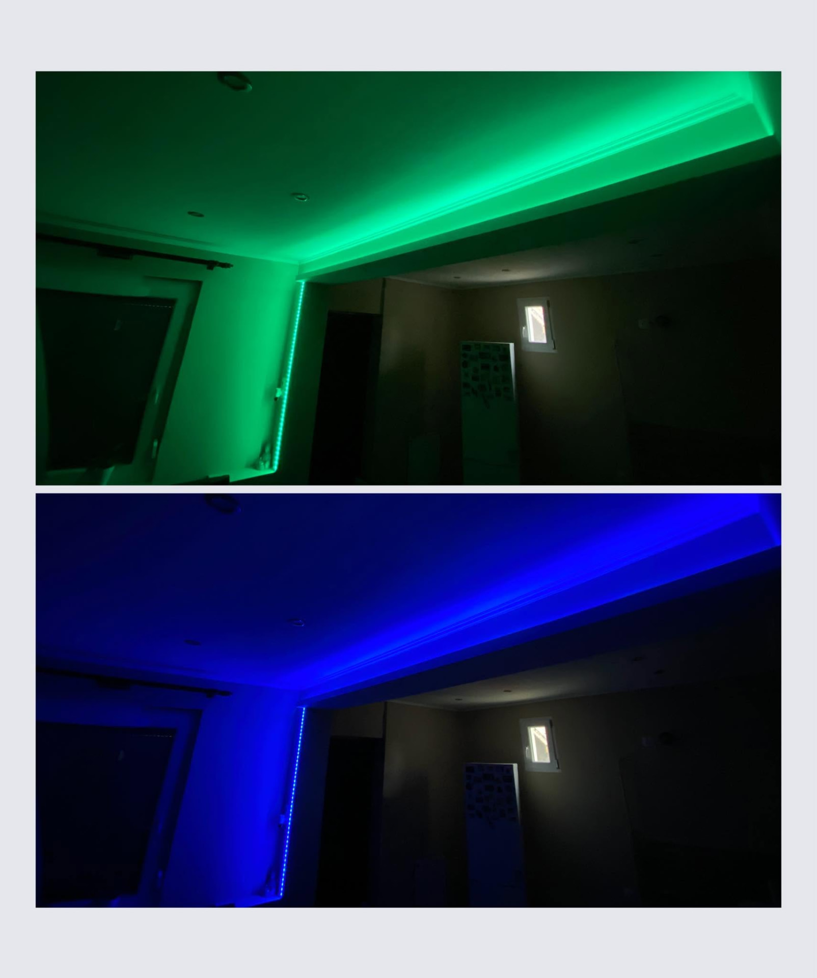 RGB LED-szalagos hangulatvilágítás párkányban, zöld és kék színben
